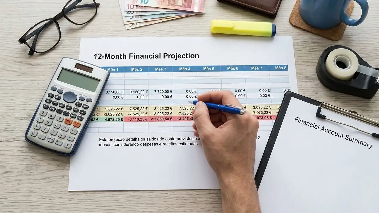 Mão preenchendo com caneta uma projeção financeira de 12 meses impressa, sobre uma mesa com calculadora, óculos, dinheiro, marca-texto e uma xícara de café