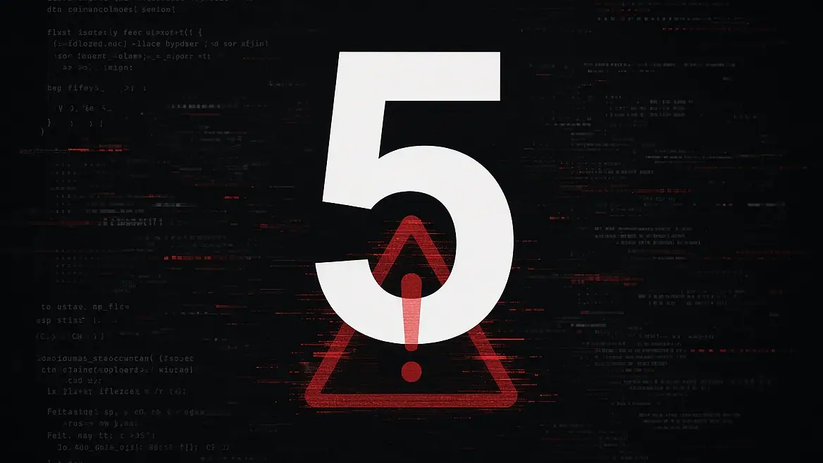 Número 5 grande em branco sobre fundo escuro com código e um triângulo de alerta vermelho, representando os 5 erros caros no desenvolvimento de sistemas.
