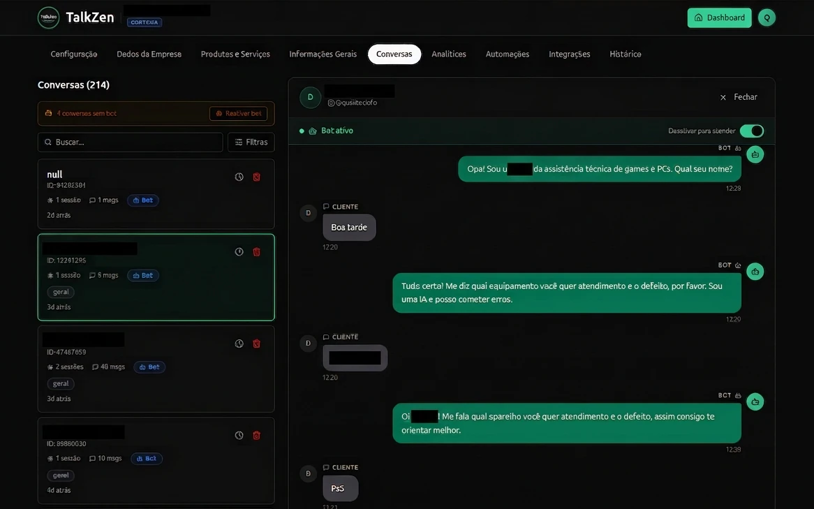 tela de visualização e gerenciamento de conversas.